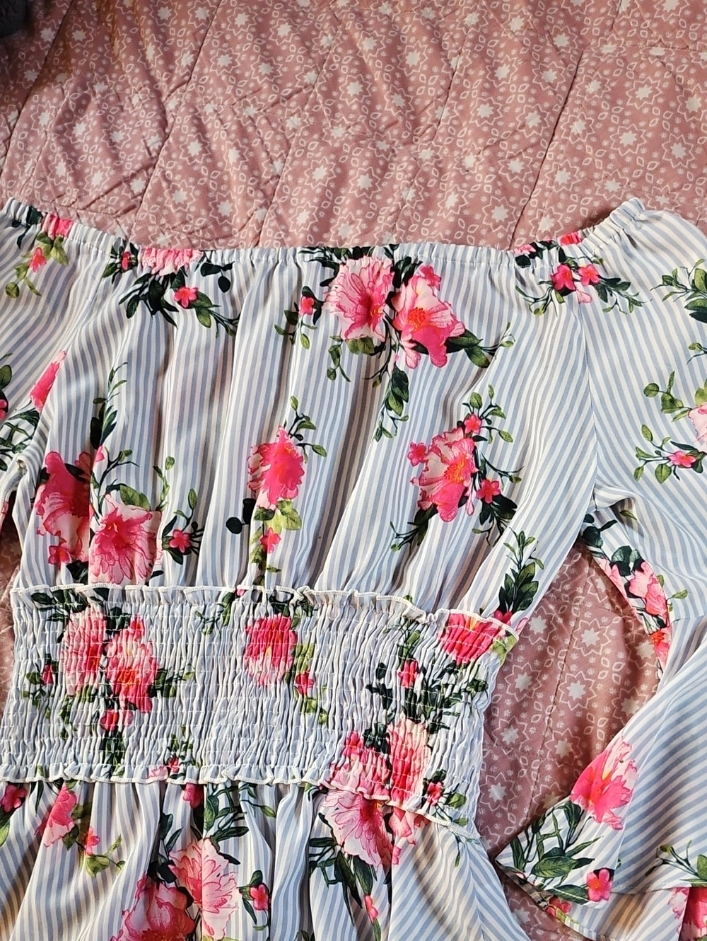 Floral Off-Shoulder Smocked Waist  Top - Light Blue & Pink
